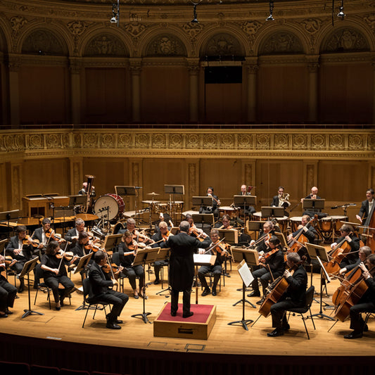 A grand symphony orchestra performing in a luxurious concert hall
