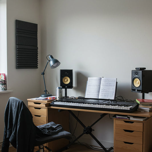 A small room studio in apt where the simple student's music desk is placed against the wall