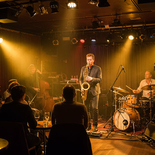 A vibrant live jazz performance in an intimate club setting