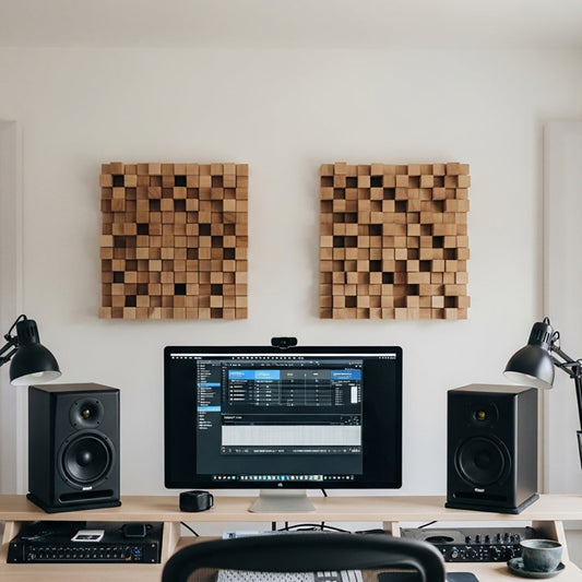 A realistic home studio setup viewed from behind the desk, showing symmetrical acoustic panels installed on the rear wall behind the monitor and speakers.