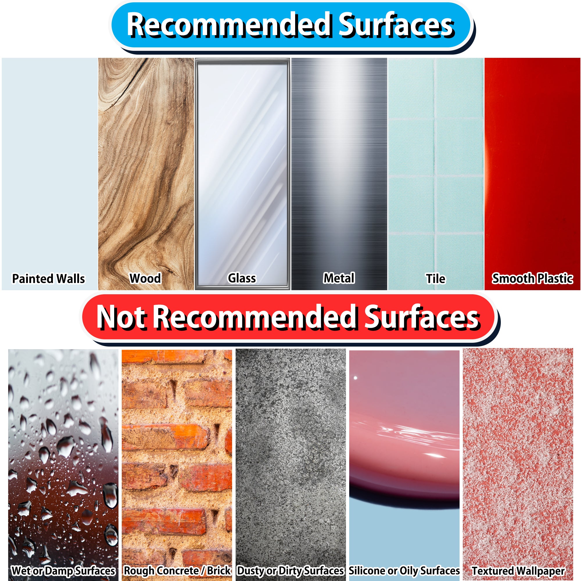 Mini Ear Double SIded adhesive tape recommended surfaces Mini Ear Double SIded adhesive tape recommended surfaces