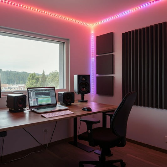 A bright and clean home music studio with a focus on final touches and maintenance