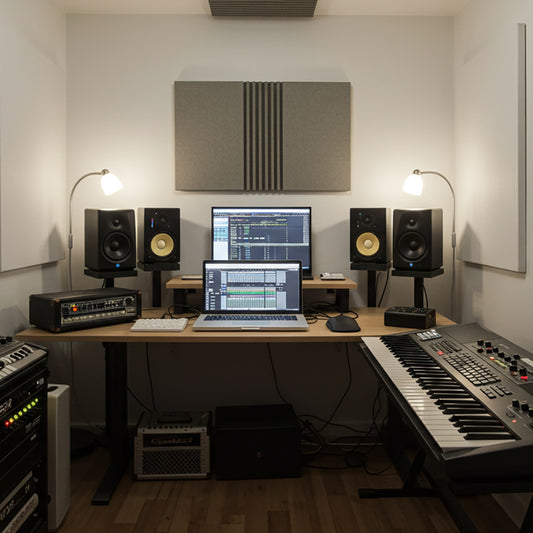 A cozy and professional home music studio illuminated by warm natural light