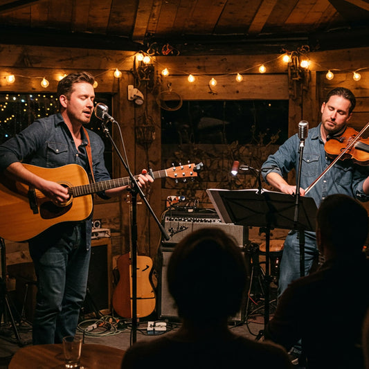 A folk duo performing live in an intimate rustic venue