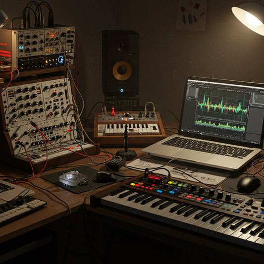 A highly experimental music production workspace filled with unconventional instruments