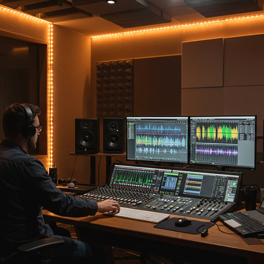 A modern music production studio setup showcasing a sound engineer mixing tracks for multiple genres