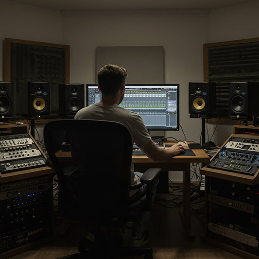 A passionate musician working in a home studio with minimal acoustic treatment