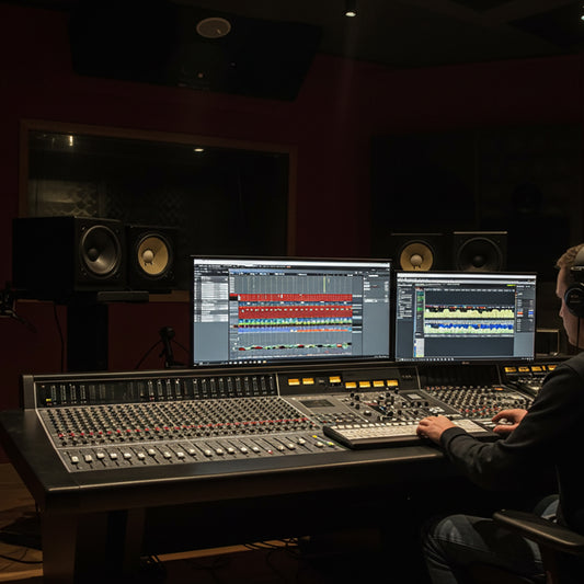 A professional recording studio with a focus on mixing rock and metal tracks. The setup includes