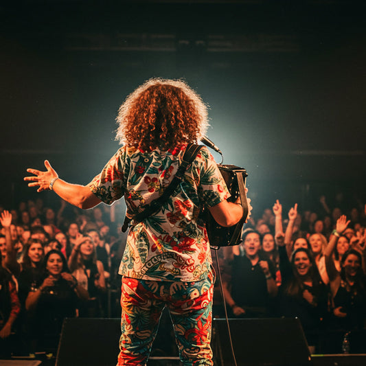 A quirky musician performing live on stage viewed from behind