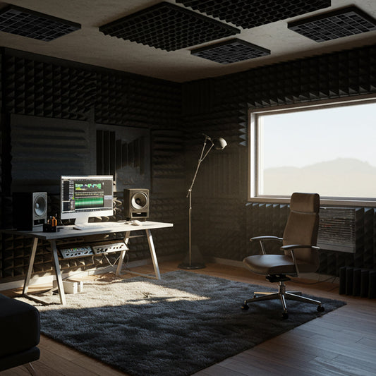 A realistic 3x3 meter home studio setup with minimalistic decor