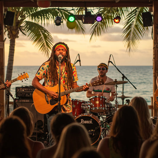 A reggae band performing live at an outdoor tropical beachside venue