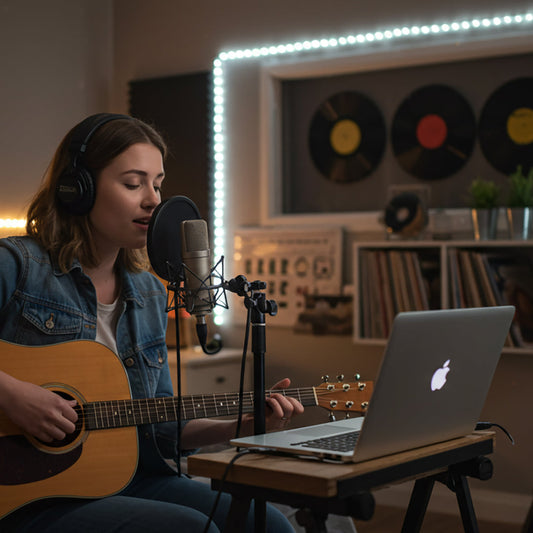 A young female singer-songwriter recording a cover song in a cozy bedroom studio