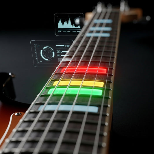 Cinematic macro photography of an electric guitar fretboard