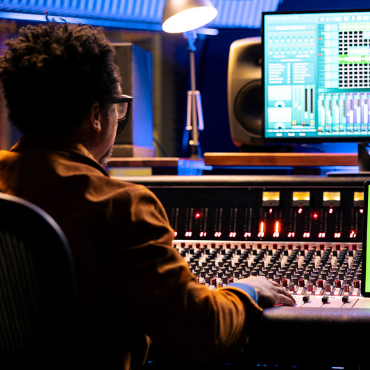 audio engineer editing music on control desk panel