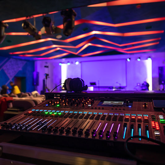 close up sound music mixer control panel on stage