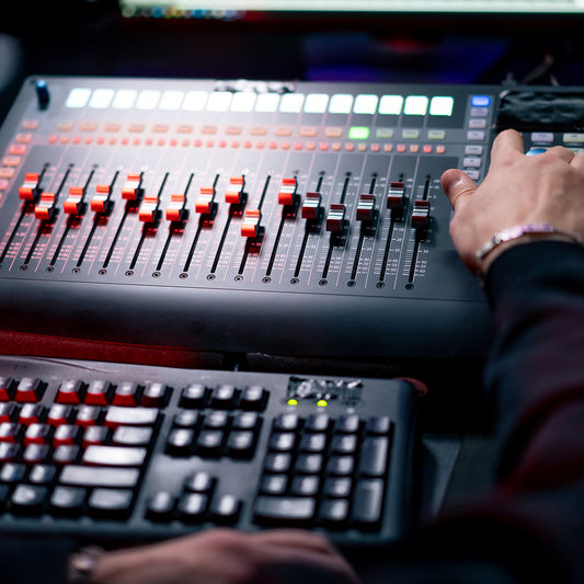 close up the recording room dark with neon lighting