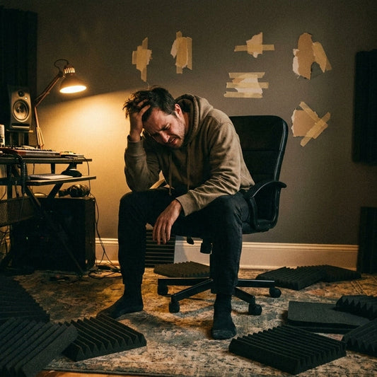 Frustrated music producer picking up fallen acoustic panels from the studio floor due to failed generic tape