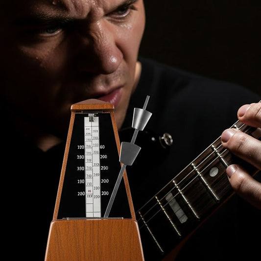 guitarist practicing with intense focus and metronome