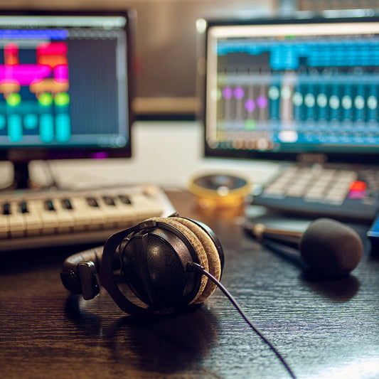headphones on the table recording studio interior