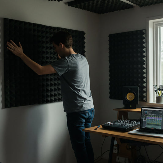 A young musician installing acoustic foam panels on a white wall using adhesive squares in a small home studio without drilling