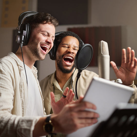 music singing and men recording in studio tablet
