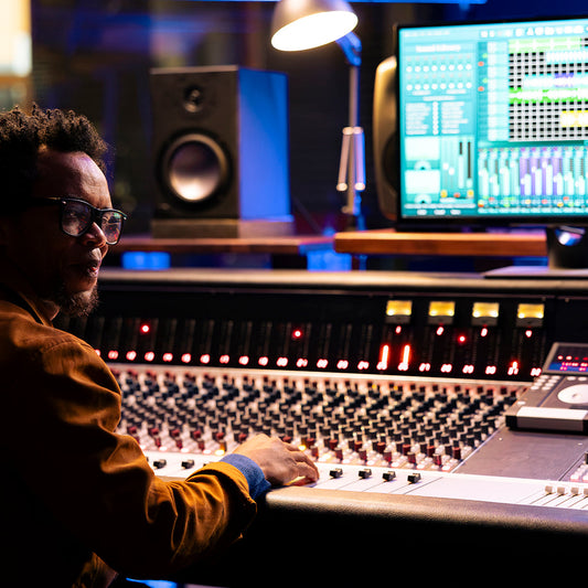 sound designer working on control desk in professional studio