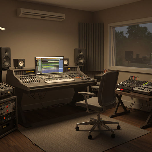 Two triangular bass traps installed in a vertical corner of a home recording studio, with acoustic treatment on the walls and studio monitor gear nearby.