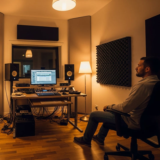 Realistic small home studio with black waffle diffusers installed on the side walls at reflection points