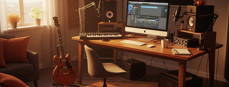 A cozy music studio where friends are gathered during Thanksgiving