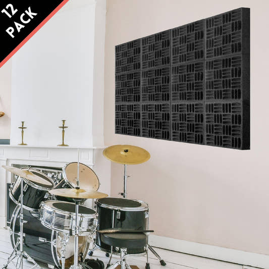 Grid Style Acoustic Foam Panels 12 Pack Black - Sound Proofing Wall Kit