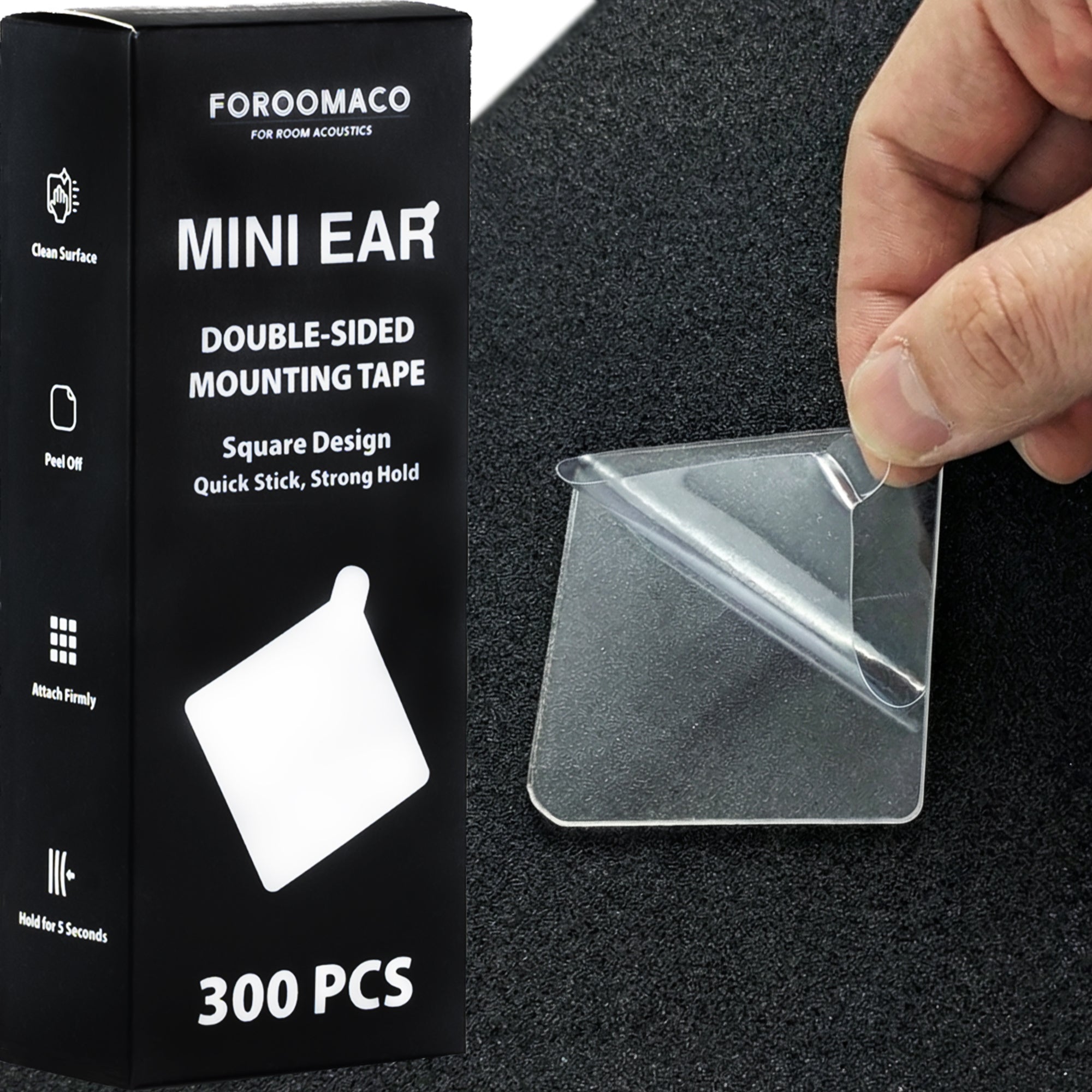 FOROOMACO Mini Ear double-sided mounting tape packaging with a sample tape on a black textured background.