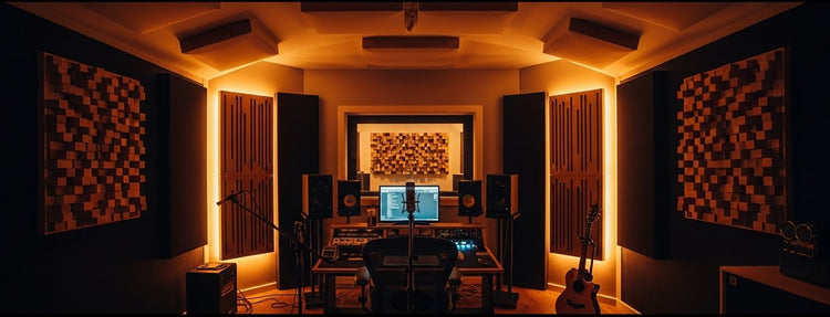 Soundproofing studio with acoustic panels and audio equipment.