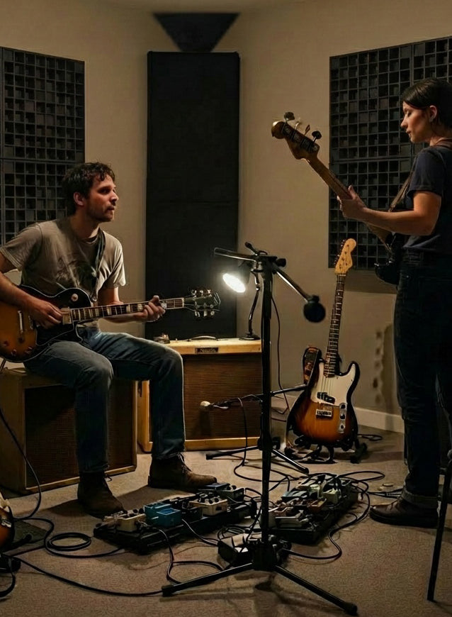 A guitarist and bassist jamming in a home recording studio enhanced with FOROOMACO premium sound-absorbing panels and bass traps