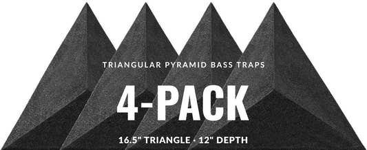 Promotional graphic for triangular pyramid bass traps with text indicating a 4-pack offer.