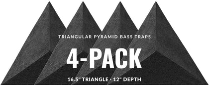 Promotional graphic for triangular pyramid bass traps with text indicating a 4-pack offer.