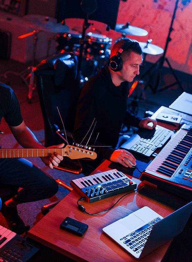 Sound engineer have recording session with guitarst mobile