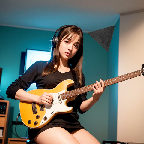 Foroomaco triangular pyramid bass trap with a girl playing the electric guitar